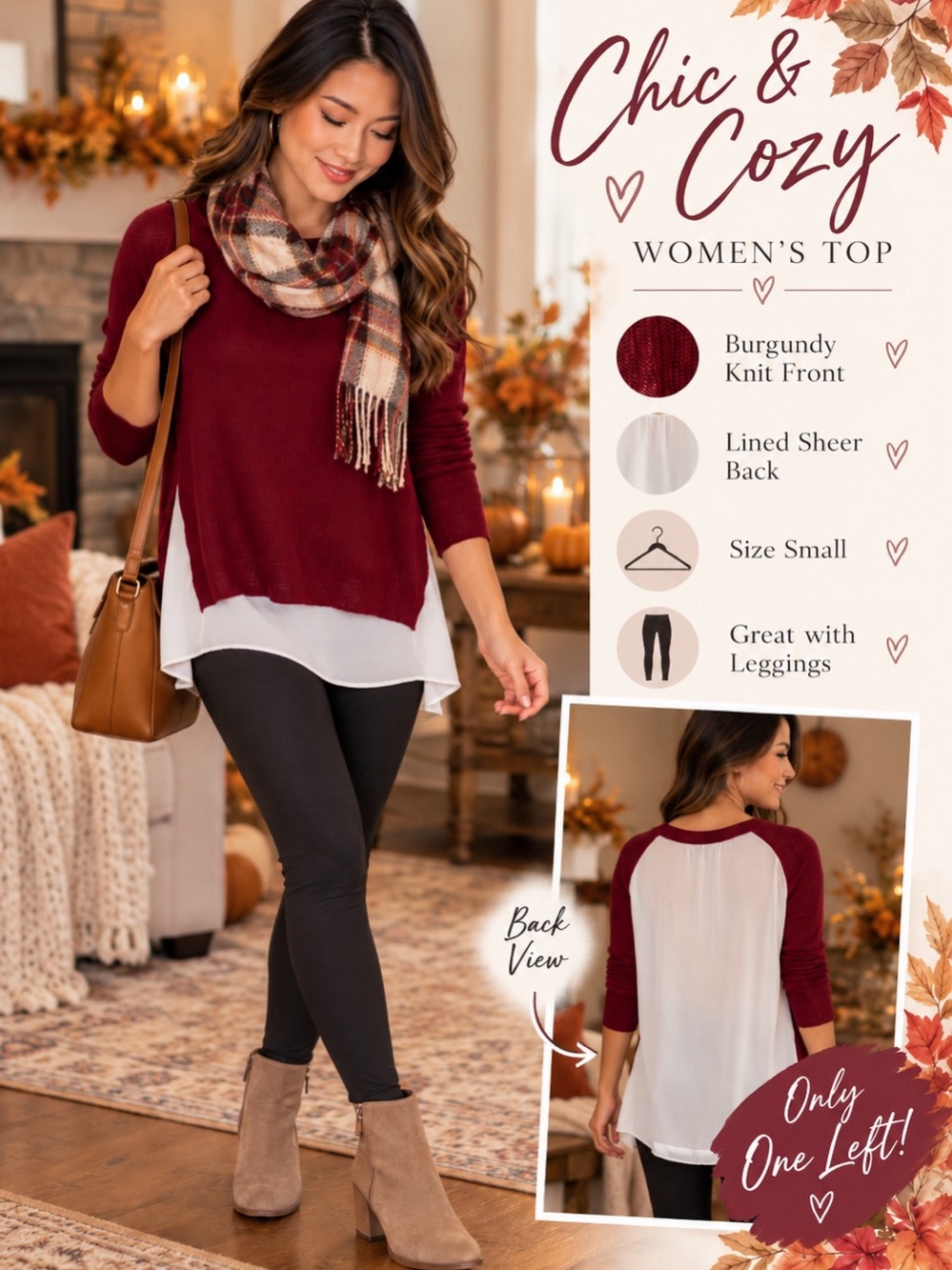 Burgundy Knit Front + Sheer Back Top | Size Small NET